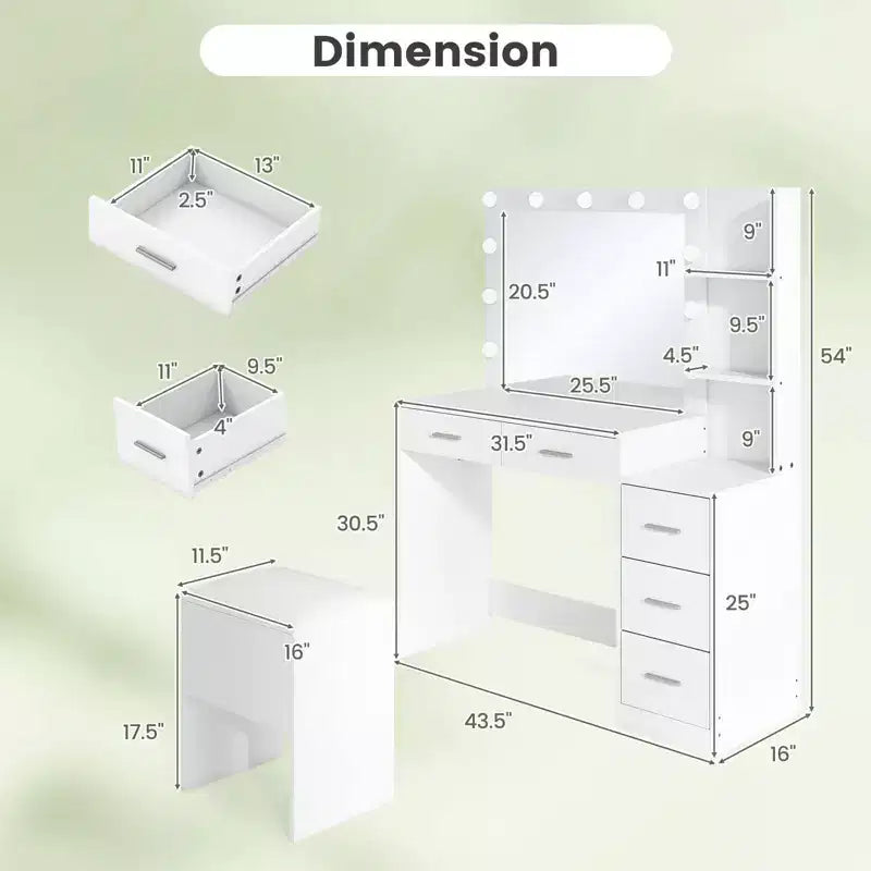 Coiffeuse avec tabouret et prise électrique Costway 43,5", 2 étagères ouvertes
