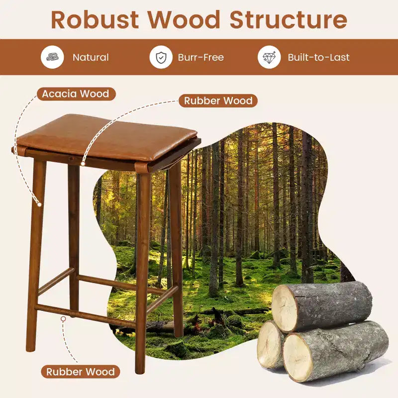Costway Tabouret de Bar 65 cm, Lot de 2 Tabourets de Bar de Salle à Manger avec Repose-Pieds et Coussin Amovible, Cadre en Bois de Caoutchouc et Bois d'Acacia