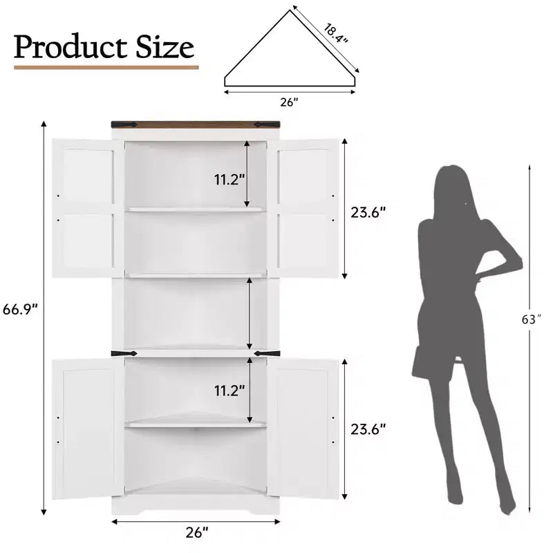 Meuble de Rangement d'Angle Haut de 67 po, Vaisselier d'Angle de Style Ferme avec Portes Vitrées, Organisateur de Rangement en Bois