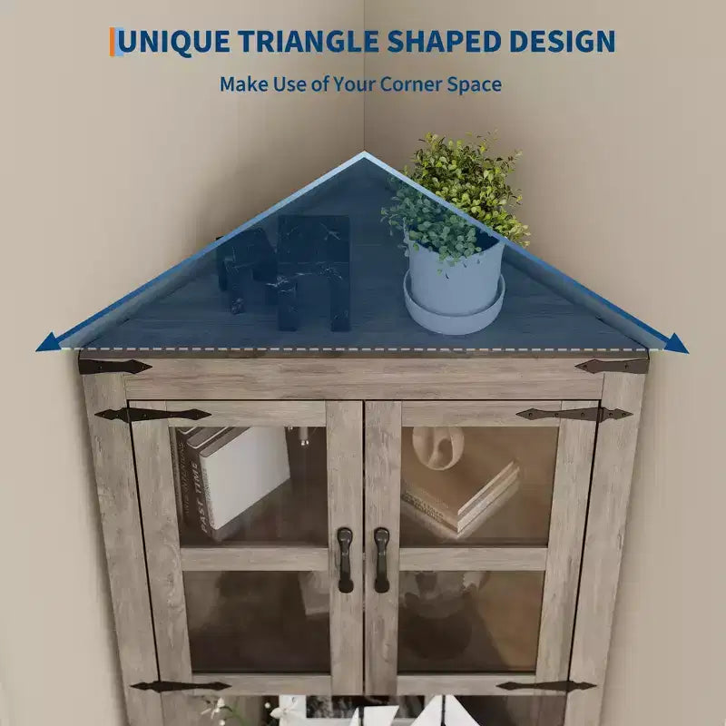 Meuble de Rangement d'Angle Haut de 67 po, Vaisselier d'Angle de Style Ferme avec Portes Vitrées, Organisateur de Rangement en Bois