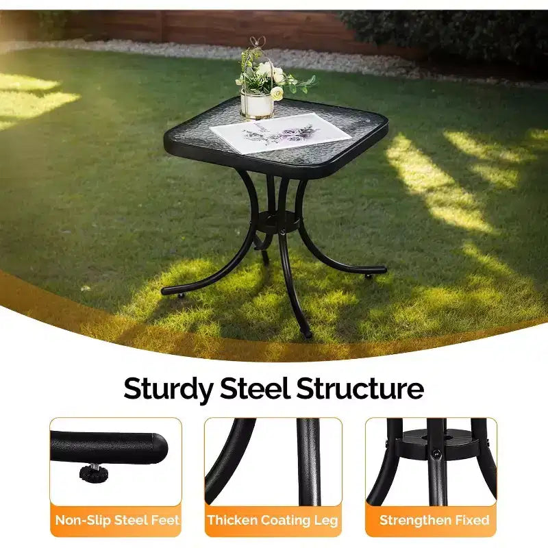 VINGLI Table d'appoint d'extérieur, Table de patio de 18 po avec cadre en acier et plateau en verre trempé, Petites tables résistantes aux intempéries pour balcon, jardin, piscine