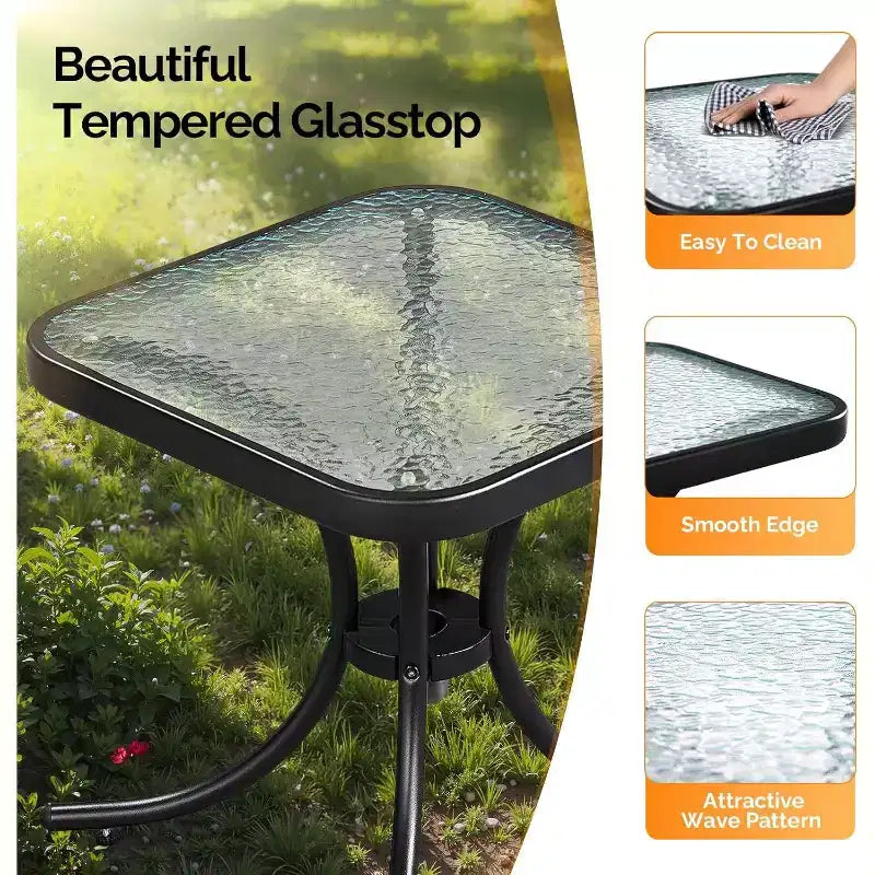 VINGLI Table d'appoint d'extérieur, Table de patio de 18 po avec cadre en acier et plateau en verre trempé, Petites tables résistantes aux intempéries pour balcon, jardin, piscine