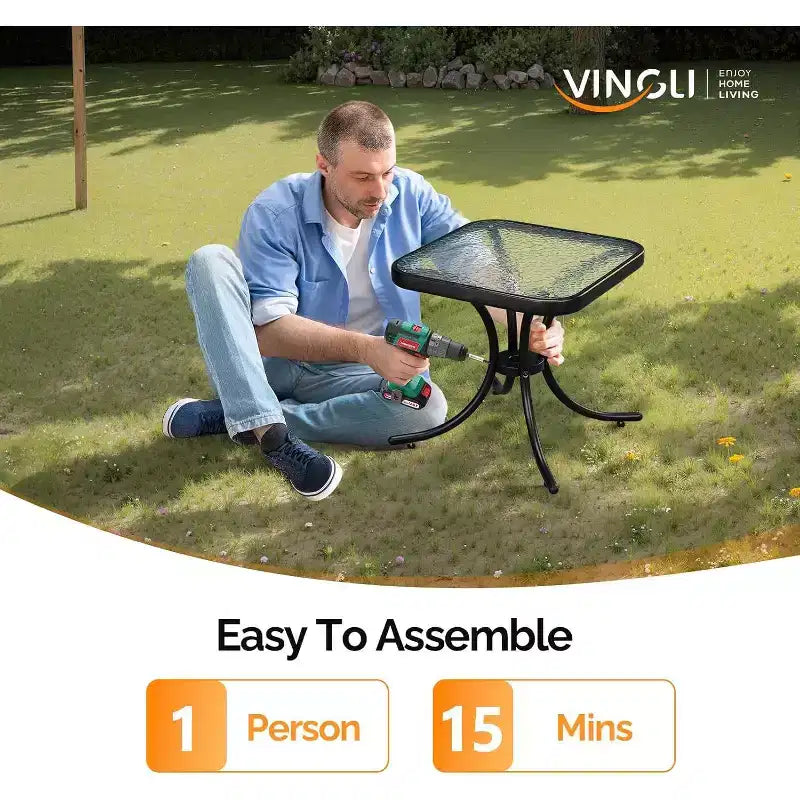 VINGLI Table d'appoint d'extérieur, Table de patio de 18 po avec cadre en acier et plateau en verre trempé, Petites tables résistantes aux intempéries pour balcon, jardin, piscine