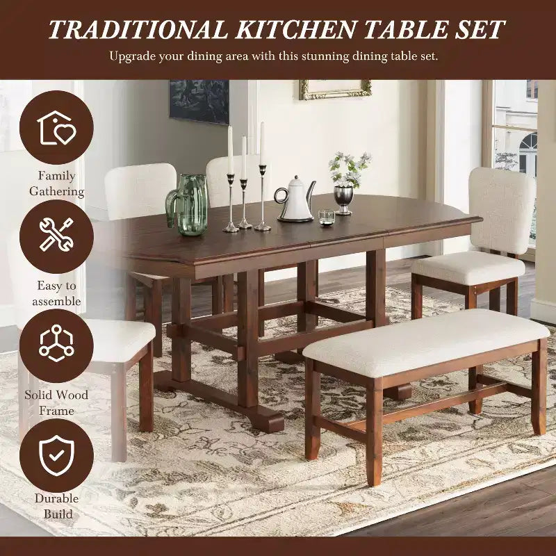 ModernLuxe Ensemble de salle à manger extensible 6 pièces pour 6 personnes, ensemble de salle à manger traditionnel avec table de cuisine, 4 chaises de salle à manger rembourrées et banc, Espresso+Beige