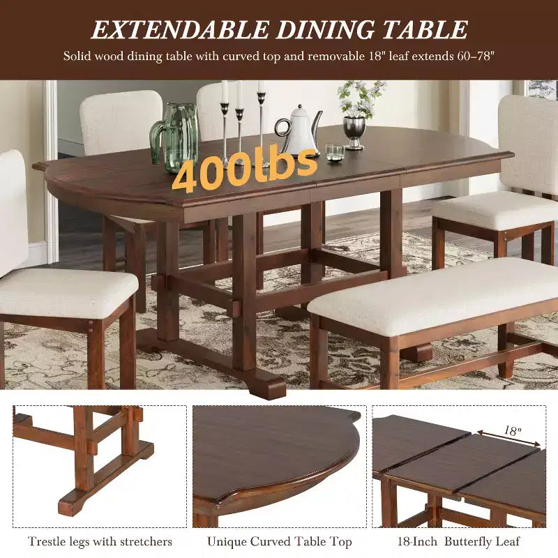 ModernLuxe Ensemble de salle à manger extensible 6 pièces pour 6 personnes, ensemble de salle à manger traditionnel avec table de cuisine, 4 chaises de salle à manger rembourrées et banc, Espresso+Beige