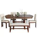 ModernLuxe Ensemble de salle à manger extensible 6 pièces pour 6 personnes, ensemble de salle à manger traditionnel avec table de cuisine, 4 chaises de salle à manger rembourrées et banc, Espresso+Beige