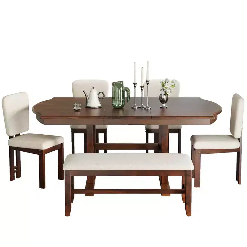 ModernLuxe Ensemble de salle à manger extensible 6 pièces pour 6 personnes, ensemble de salle à manger traditionnel avec table de cuisine, 4 chaises de salle à manger rembourrées et banc, Espresso+Beige