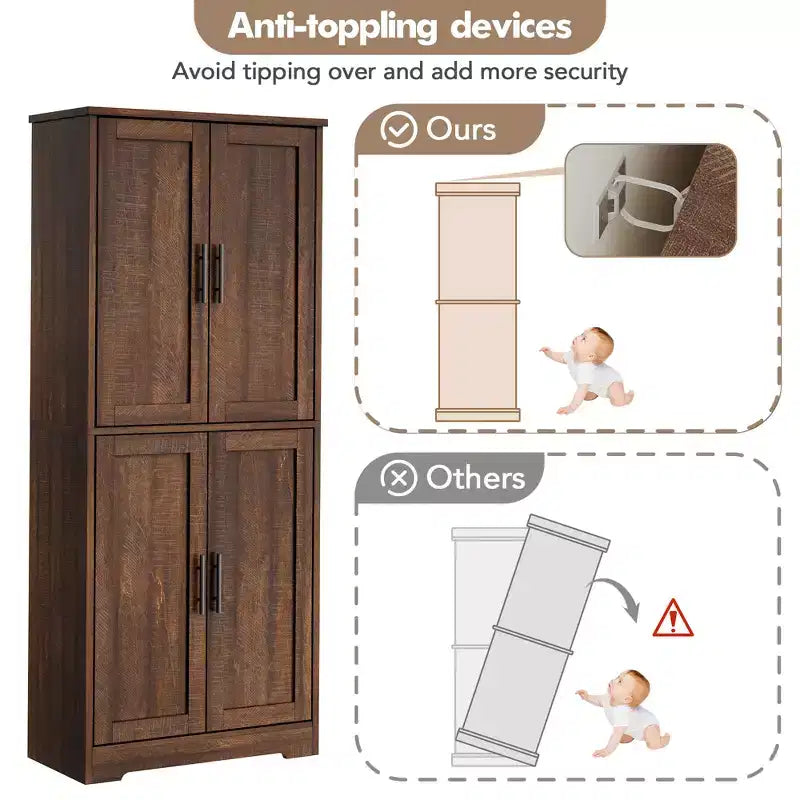 Meuble de cuisine CuisinSmart de 70 pouces de haut, Armoire de rangement sur pied avec 4 portes et étagères réglables, Grand meuble en bois pour bar à café et rangements utilitaires
