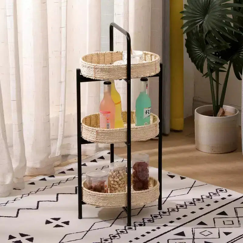 MAYEERTY Table d'appoint ovale à 3 niveaux avec paniers tressés en corde de papier, étagères de rangement pour salon et cuisine, couleur naturelle