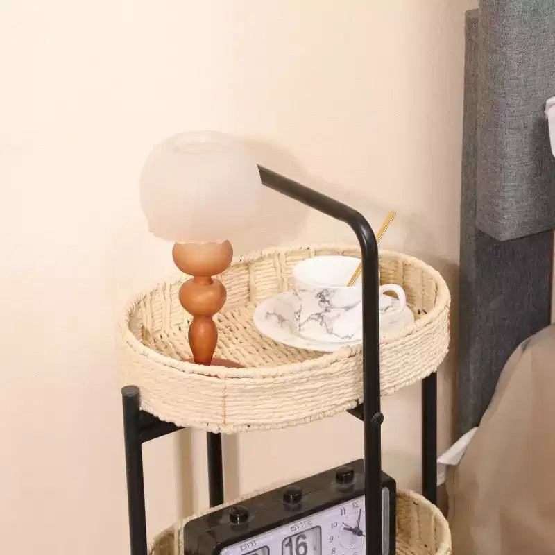 MAYEERTY Table d'appoint ovale à 3 niveaux avec paniers tressés en corde de papier, étagères de rangement pour salon et cuisine, couleur naturelle