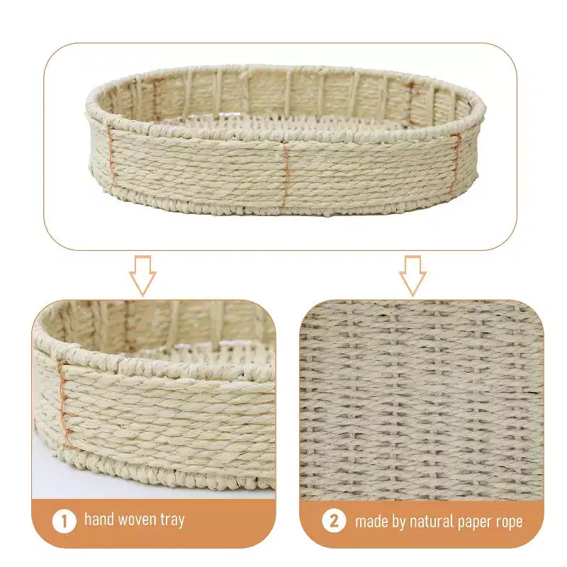 MAYEERTY Table d'appoint ovale à 3 niveaux avec paniers tressés en corde de papier, étagères de rangement pour salon et cuisine, couleur naturelle
