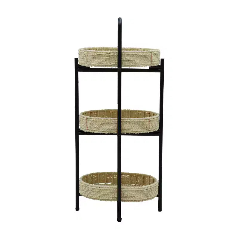 MAYEERTY Table d'appoint ovale à 3 niveaux avec paniers tressés en corde de papier, étagères de rangement pour salon et cuisine, couleur naturelle