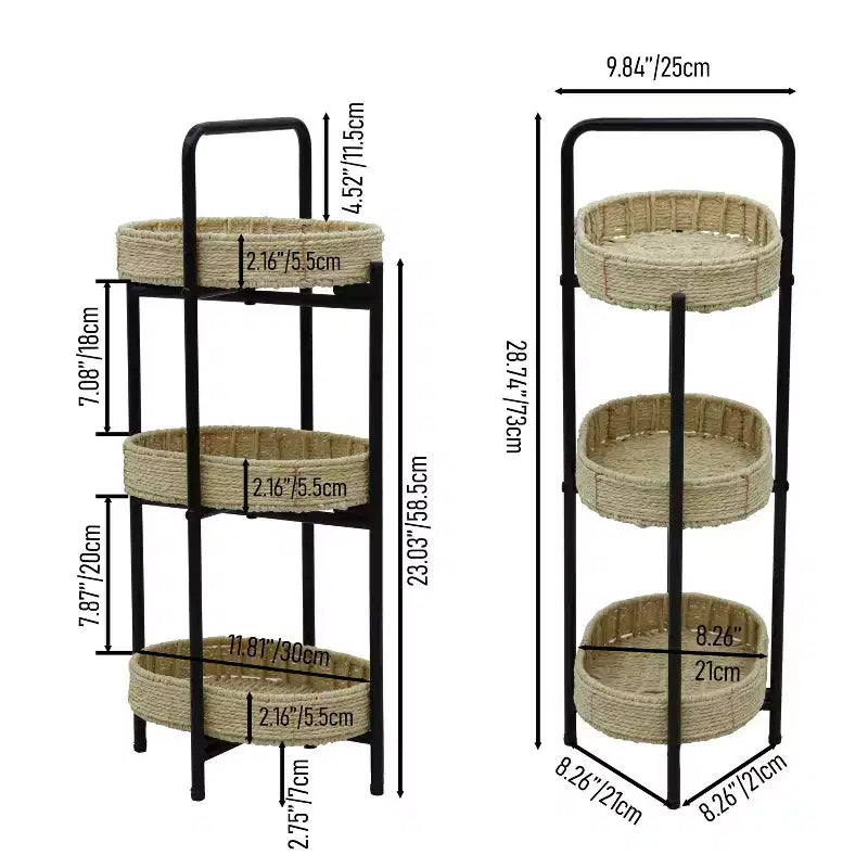 MAYEERTY Table d'appoint ovale à 3 niveaux avec paniers tressés en corde de papier, étagères de rangement pour salon et cuisine, couleur naturelle
