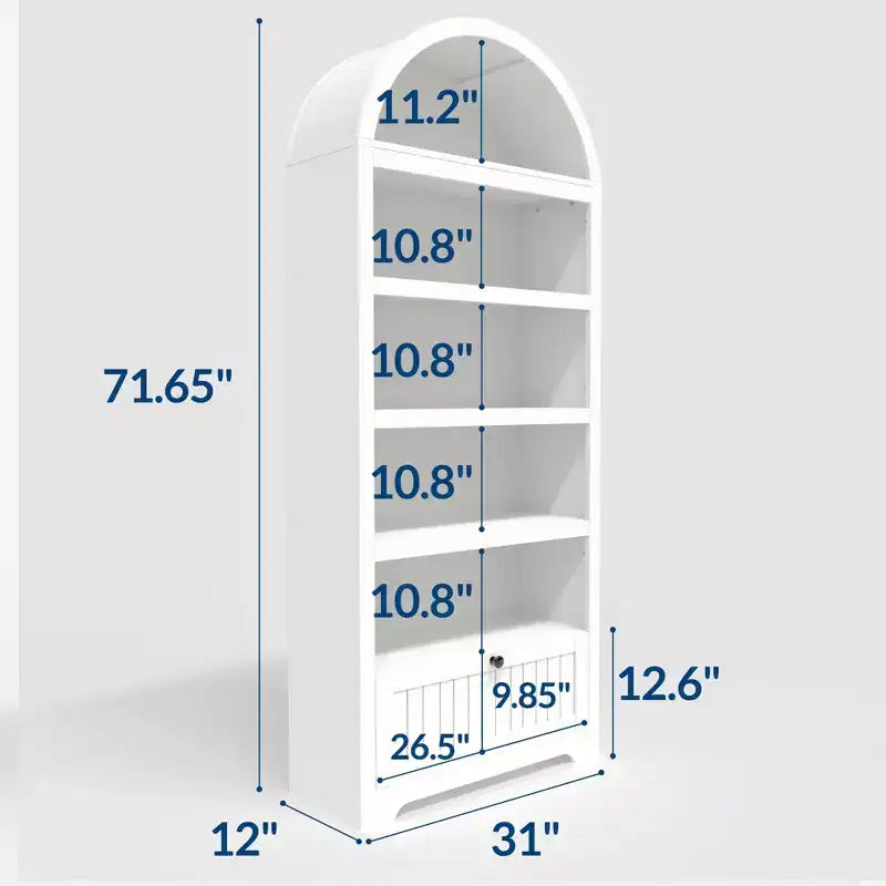 Garde-manger haut arqué de 71 po, meuble de rangement autoportant à 6 niveaux avec tiroir, étagère à livres blanche moderne avec étagères ouvertes et conception anti-basculement