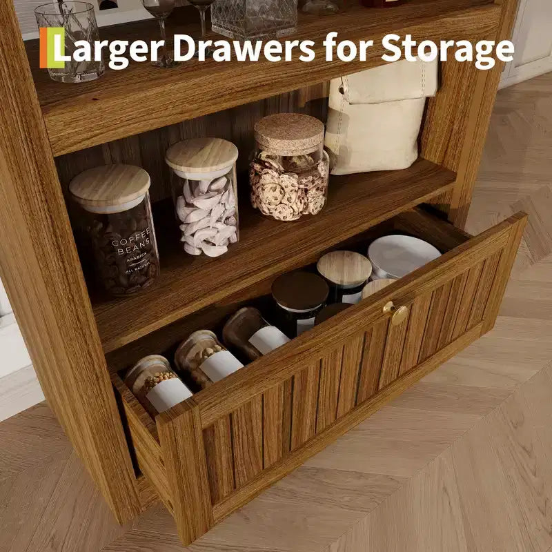 Garde-manger haut arqué de 71 po, meuble de rangement autoportant à 6 niveaux avec tiroir, étagère à livres blanche moderne avec étagères ouvertes et conception anti-basculement