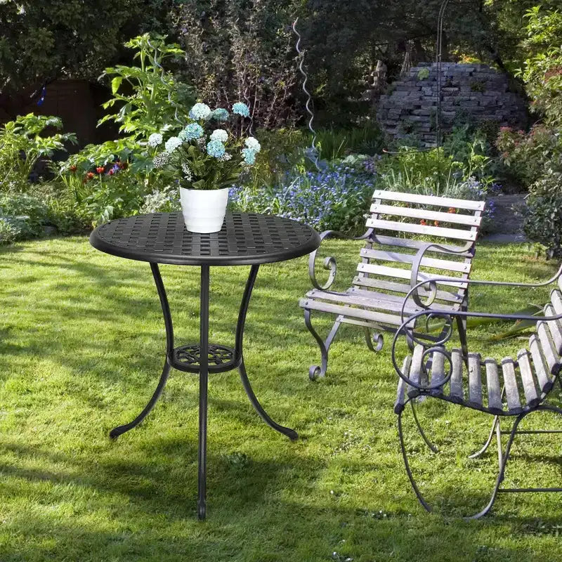 Table de bistro, table à manger ronde rétro en fonte d'aluminium avec trou pour parasol de 5 cm, table de bistro hauteur pub pour porche, jardin, cour, balcon