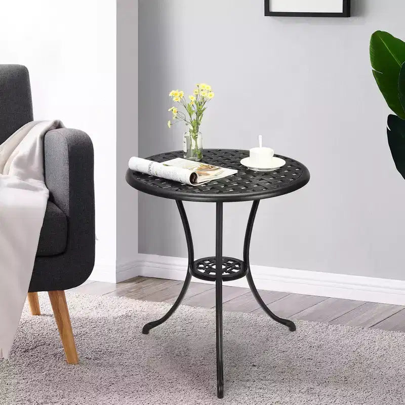 Table de bistro, table à manger ronde rétro en fonte d'aluminium avec trou pour parasol de 5 cm, table de bistro hauteur pub pour porche, jardin, cour, balcon