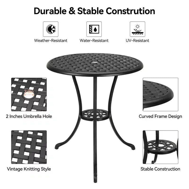 Table de bistro, table à manger ronde rétro en fonte d'aluminium avec trou pour parasol de 5 cm, table de bistro hauteur pub pour porche, jardin, cour, balcon