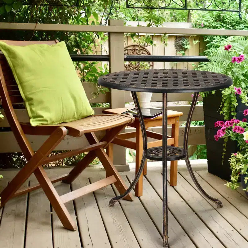 Table de bistro, table à manger ronde rétro en fonte d'aluminium avec trou pour parasol de 5 cm, table de bistro hauteur pub pour porche, jardin, cour, balcon