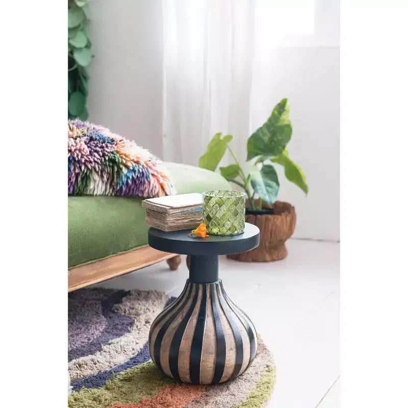 Table d'appoint ronde en bois de manguier avec base rayée, noir et naturel