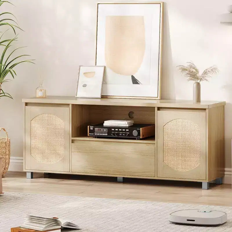 Meuble TV en rotin GustoWave pour téléviseurs jusqu'à 70 pouces, meuble de divertissement bohème avec étagère réglable et tiroir de rangement, chêne