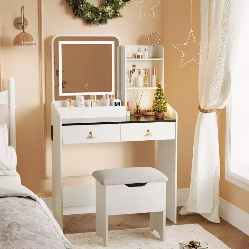 GustoWave, Coiffeuse avec miroir lumineux LED et station de recharge, Petite coiffeuse de maquillage avec 2 tiroirs et tabouret de rangement