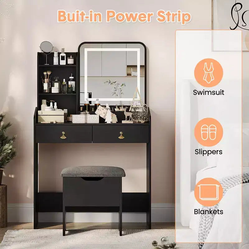 GustoWave, Coiffeuse avec miroir lumineux LED et station de recharge, Petite coiffeuse de maquillage avec 2 tiroirs et tabouret de rangement