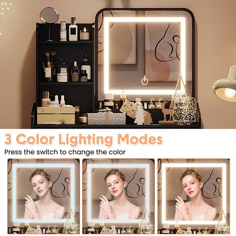 GustoWave, Coiffeuse avec miroir lumineux LED et station de recharge, Petite coiffeuse de maquillage avec 2 tiroirs et tabouret de rangement