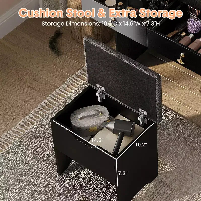 GustoWave, Coiffeuse avec miroir lumineux LED et station de recharge, Petite coiffeuse de maquillage avec 2 tiroirs et tabouret de rangement