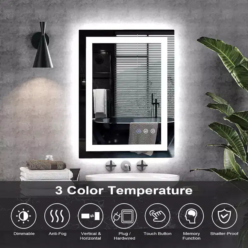 Miroir de salle de bain LED 24x32 pouces, cadre noir avec éclairage avant/arrière, 3 températures de couleur, anti-buée, miroir de courtoisie mural