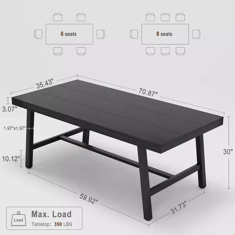Table à manger industrielle pour 6-8 personnes, table de cuisine en bois de 180 cm de long avec cadre métallique robuste et finition noire – 6 places, comptoir rectangulaire pour le dîner