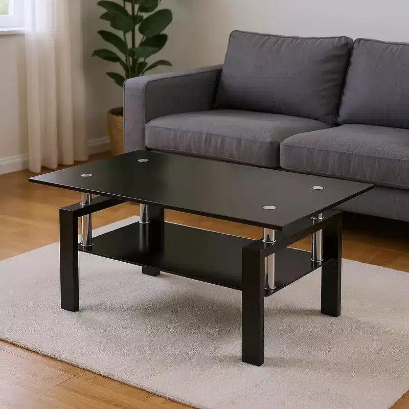 Table basse HomeRoots 39 po noire en verre et acier avec étagère