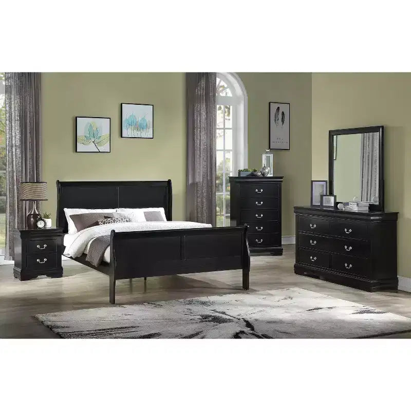 Okak 80 Grand lit traîneau en bois massif avec tête et pied de lit, design bas et sûr pour chambre d'enfant, noir