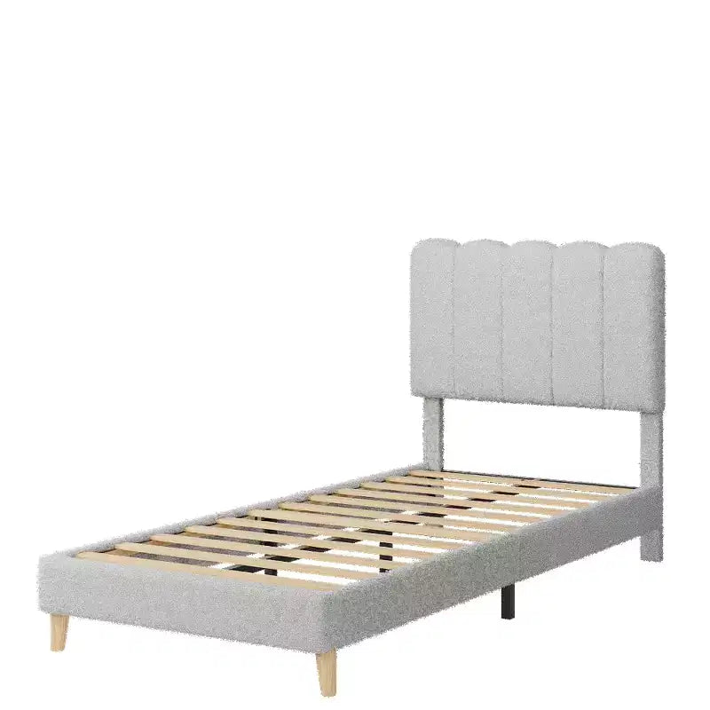 Cadre de lit Twin XL, Lit plateforme rembourré en tissu bouclé avec tête de lit ondulée pour filles/enfants, Montage facile, Sommier à lattes en bois, Pas besoin de sommier tapissier