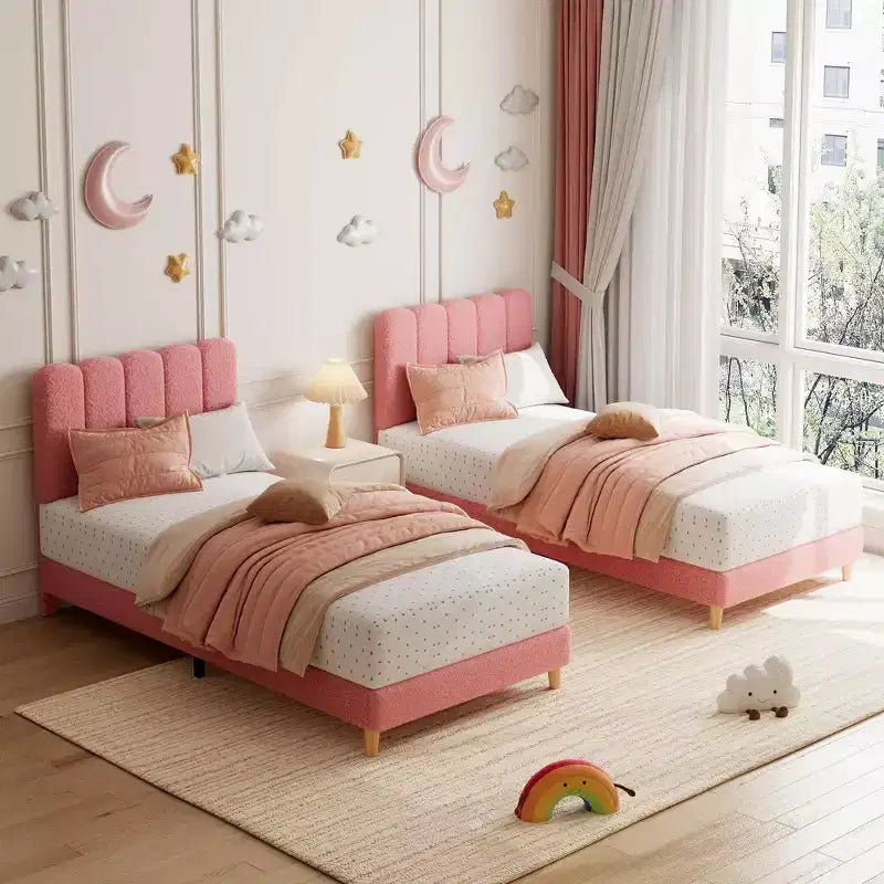Cadre de lit Twin XL, Lit plateforme rembourré en tissu bouclé avec tête de lit ondulée pour filles/enfants, Montage facile, Sommier à lattes en bois, Pas besoin de sommier tapissier