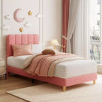Cadre de lit Twin XL, Lit plateforme rembourré en tissu bouclé avec tête de lit ondulée pour filles/enfants, Montage facile, Sommier à lattes en bois, Pas besoin de sommier tapissier