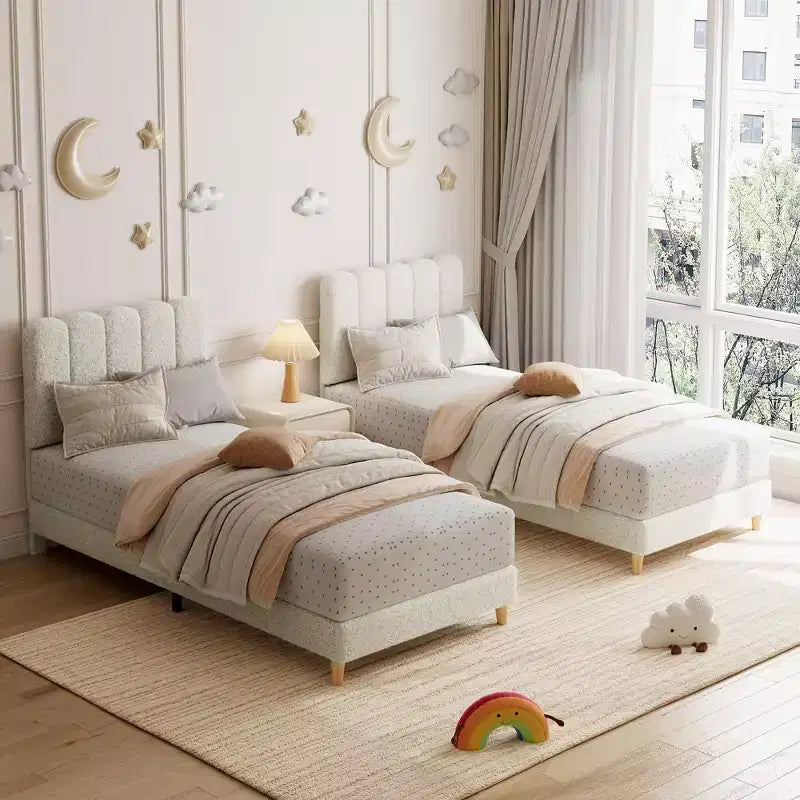 Cadre de lit Twin XL, Lit plateforme rembourré en tissu bouclé avec tête de lit ondulée pour filles/enfants, Montage facile, Sommier à lattes en bois, Pas besoin de sommier tapissier