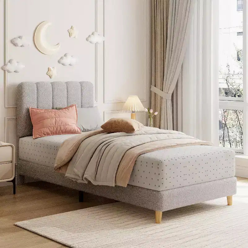 Cadre de lit Twin XL, Lit plateforme rembourré en tissu bouclé avec tête de lit ondulée pour filles/enfants, Montage facile, Sommier à lattes en bois, Pas besoin de sommier tapissier