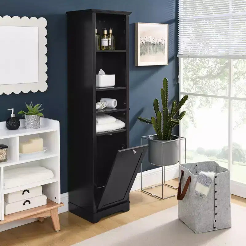 GDFStudio Helen Armoire de salle de bain moderne de 162 cm de haut avec étagères réglables, panier à linge et rangement de vêtements caché