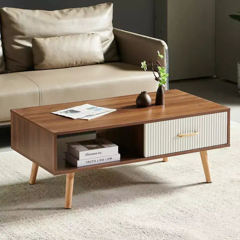 Table basse rectangulaire MAYEERTY avec pieds en bois massif et tiroir coulissant de rangement – Table moderne pour salon