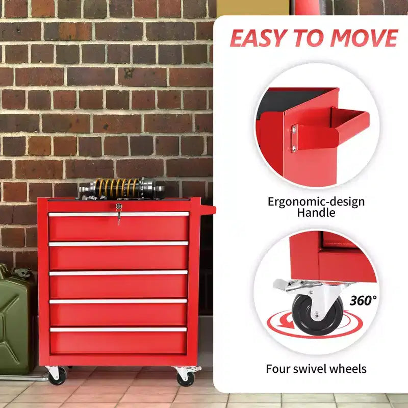 Servante d'atelier à 5 tiroirs avec roues, armoire de rangement à outils robuste et verrouillable pour garage, atelier et entrepôt