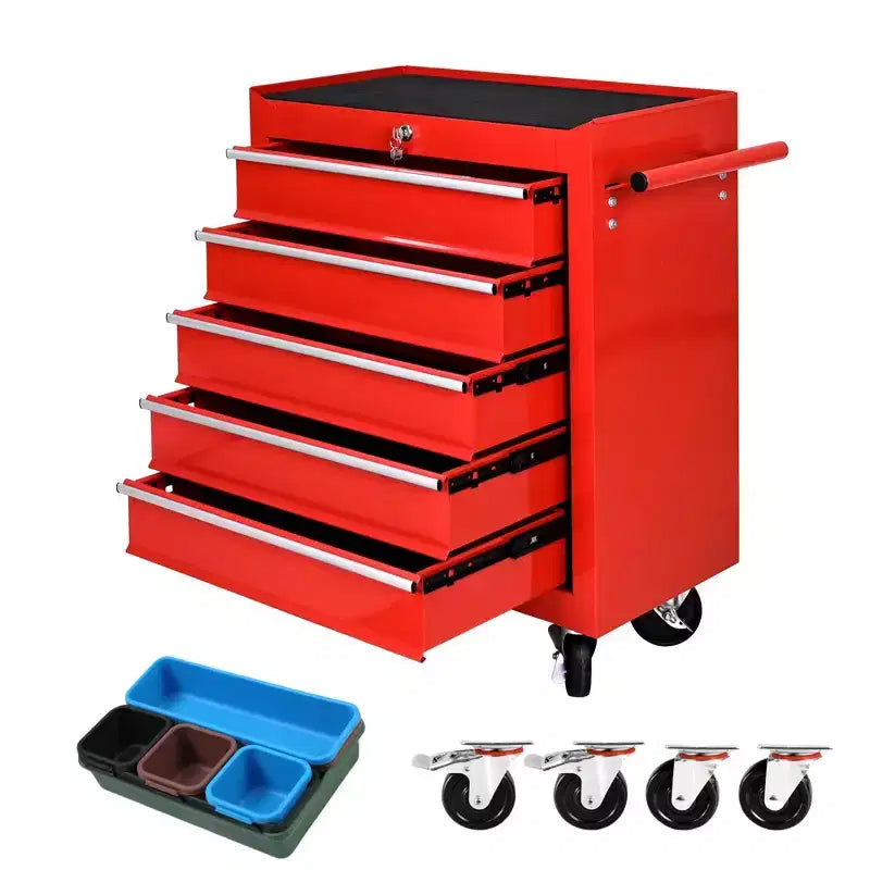 Servante d'atelier à 5 tiroirs avec roues, armoire de rangement à outils robuste et verrouillable pour garage, atelier et entrepôt