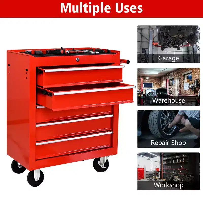 Servante d'atelier à 5 tiroirs avec roues, armoire de rangement à outils robuste et verrouillable pour garage, atelier et entrepôt