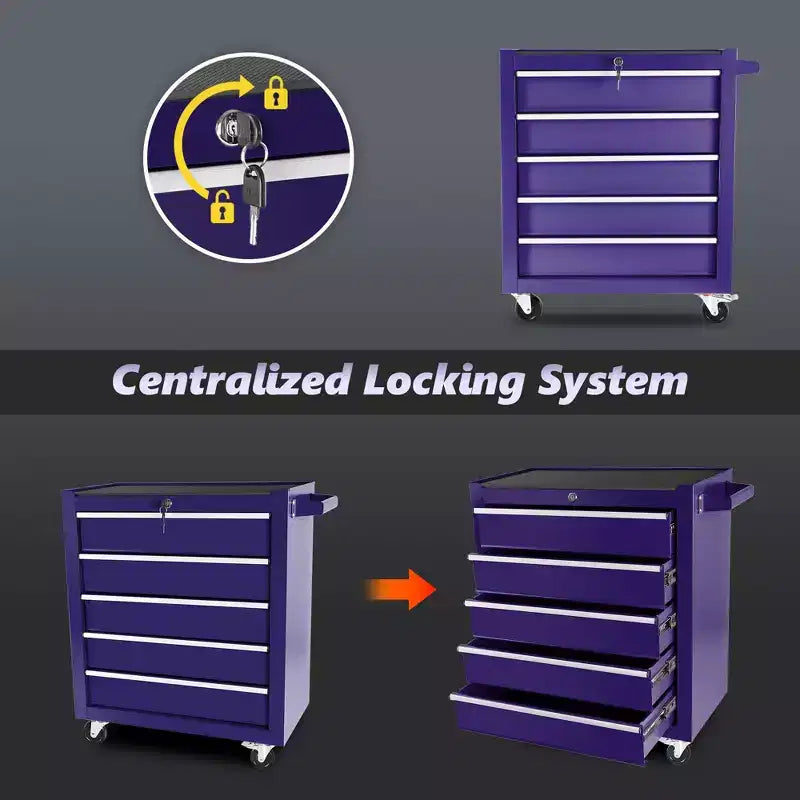 Servante d'atelier à 5 tiroirs avec roues, armoire de rangement à outils robuste et verrouillable pour garage, atelier et entrepôt