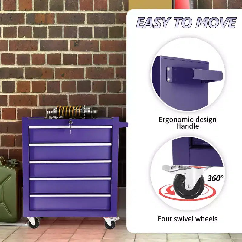 Servante d'atelier à 5 tiroirs avec roues, armoire de rangement à outils robuste et verrouillable pour garage, atelier et entrepôt