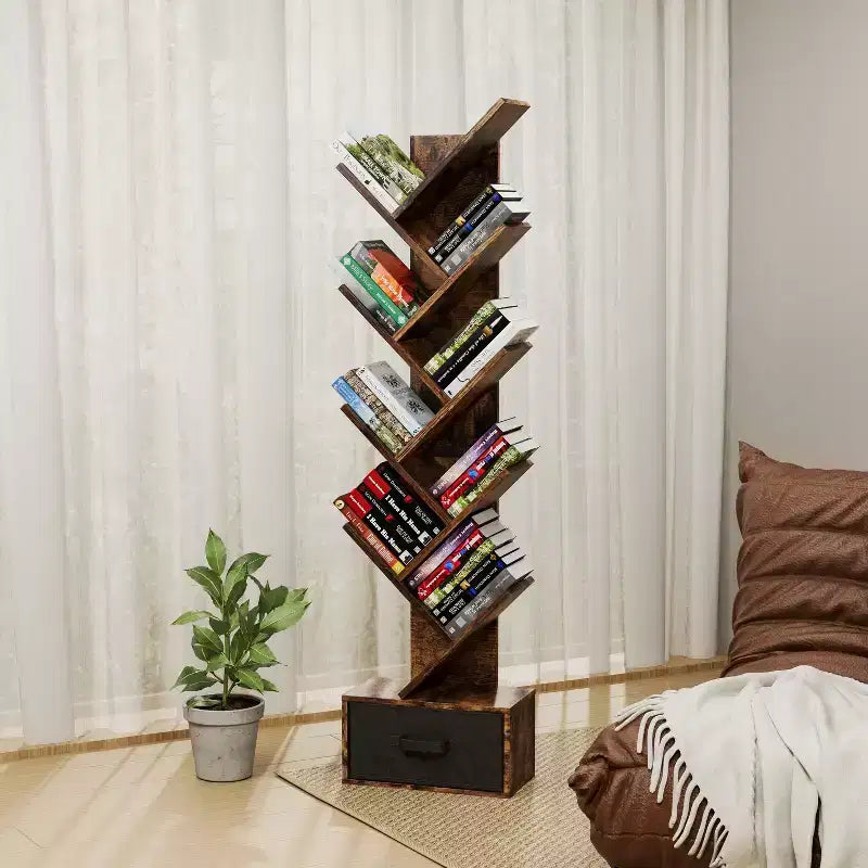 MAYEERTY Étagère bibliothèque 9 niveaux en forme d'arbre avec tiroir, Bibliothèque de rangement moderne, Étagère sur pied en forme d'arbre, Marron rustique, pour salon et chambre à coucher