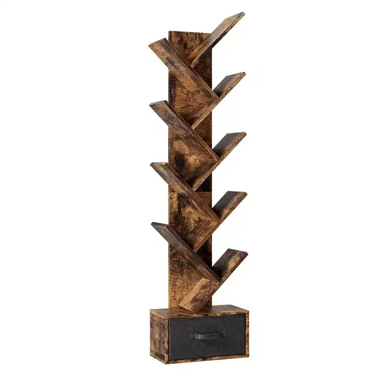 MAYEERTY Étagère bibliothèque 9 niveaux en forme d'arbre avec tiroir, Bibliothèque de rangement moderne, Étagère sur pied en forme d'arbre, Marron rustique, pour salon et chambre à coucher