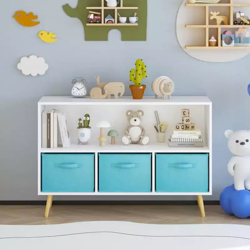 MAYEERTY Bibliothèque enfant avec tiroirs pliables en tissu, meuble de rangement pour jouets, organiseur blanc et rose