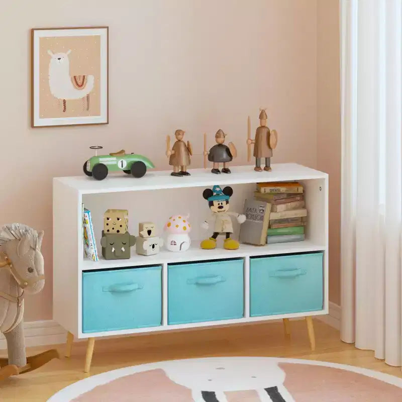 MAYEERTY Bibliothèque enfant avec tiroirs pliables en tissu, meuble de rangement pour jouets, organiseur blanc et rose