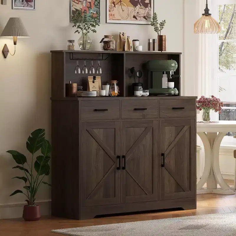 Buffet de ferme avec support à micro-ondes, buffet de rangement avec portes coulissantes, tiroirs et étagères, meuble bar à café en bois